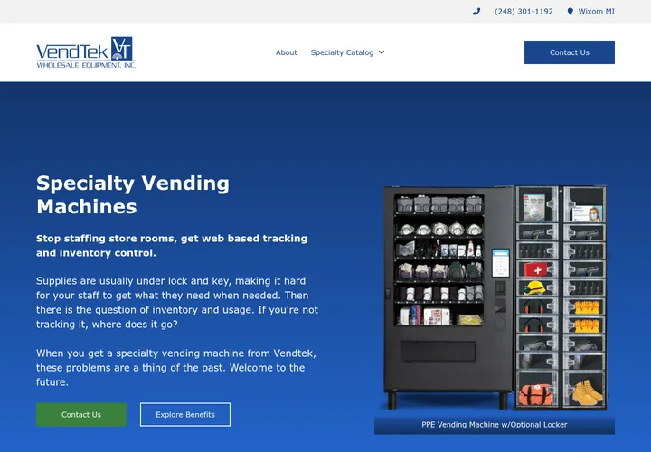 Screenshot of the Specialty Vending Systems homepage.